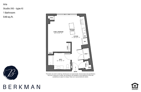 Floor plan for studio, 1 bath, 548 sqft